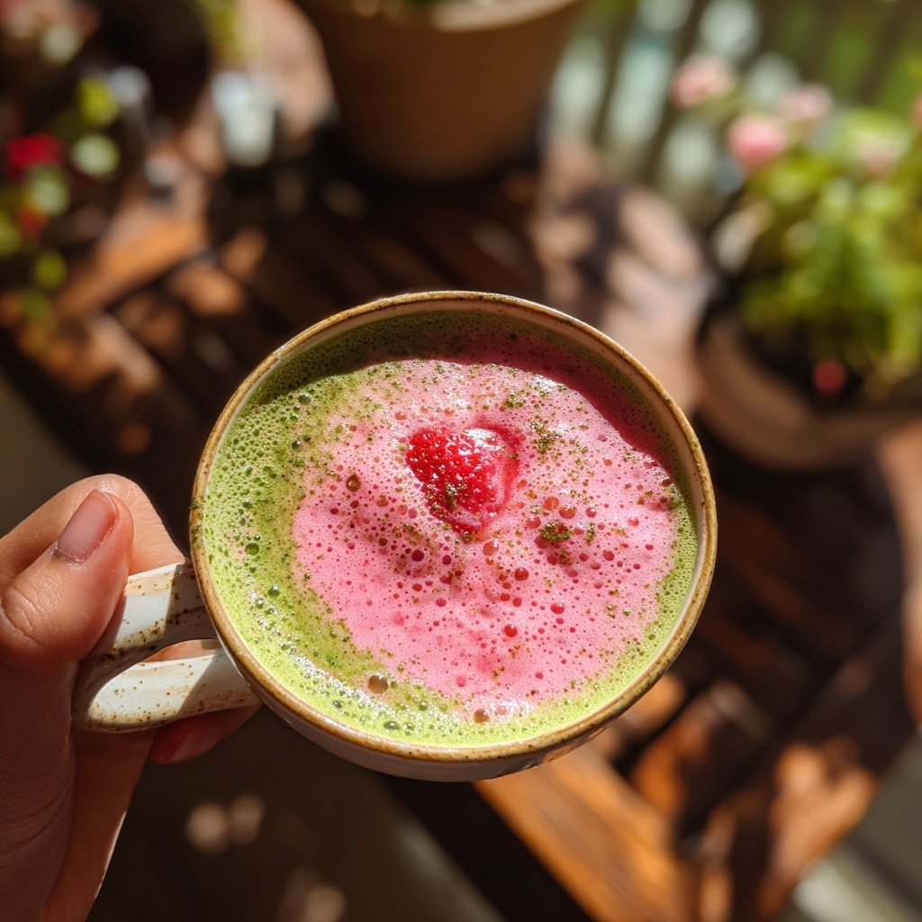 Hot Strawberry Matcha Latte With Foam